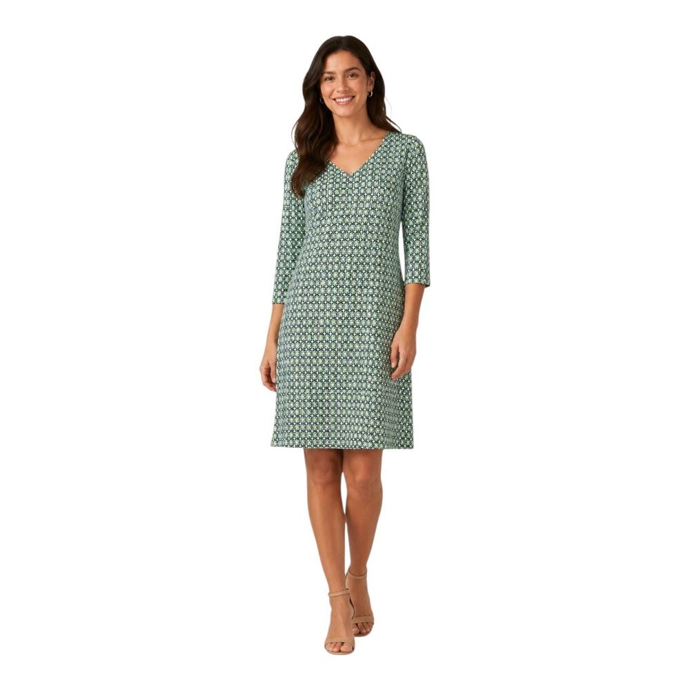 JUDE CONALLY Women's L Megan Dress Geometric Navy Green 3/4 Slv Preppy Bust 40"